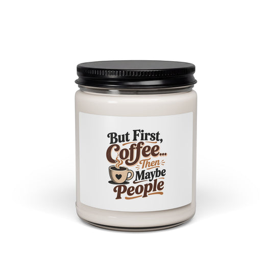 Scented soy candle in a 9oz glass jar, featuring a decorative design, from Printify's home decor collection.