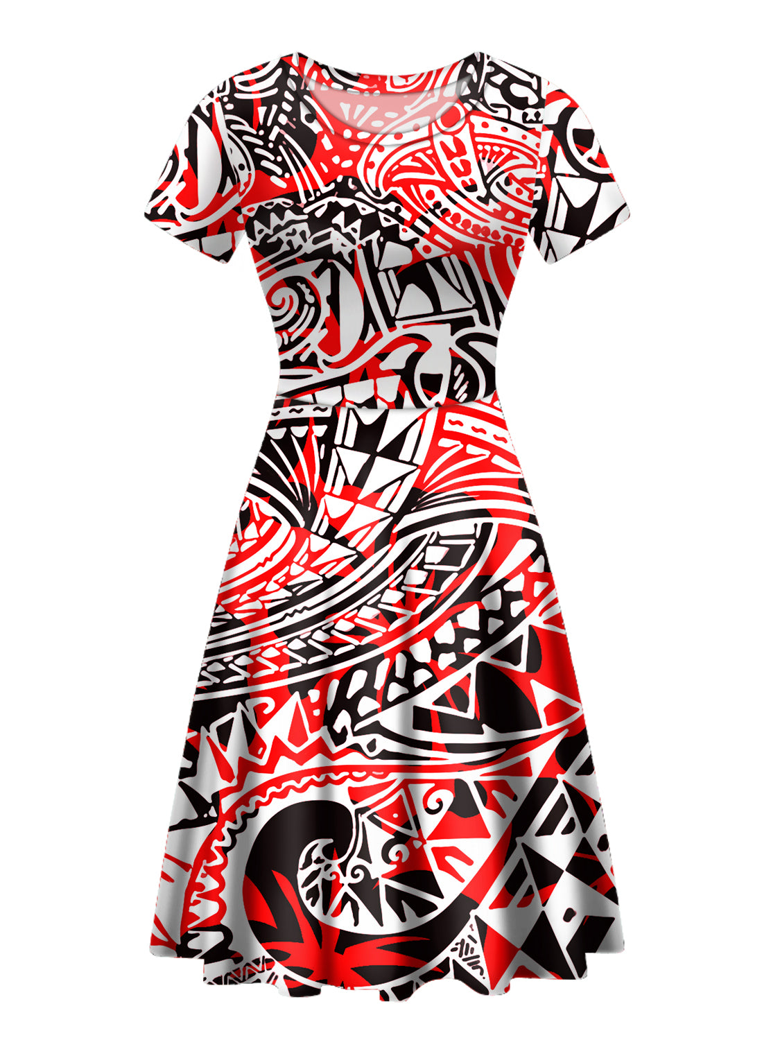Polynesian Tribal Print Dress – Women's Short Sleeve Island-Style Casual Summer Dress, M–4XL