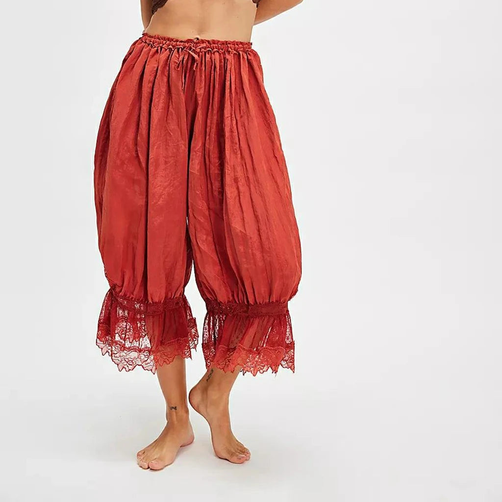 Y2K Lace Bloomer Pants – High-Waist Drawstring Cropped Lantern Trousers with Floral Lace Trim