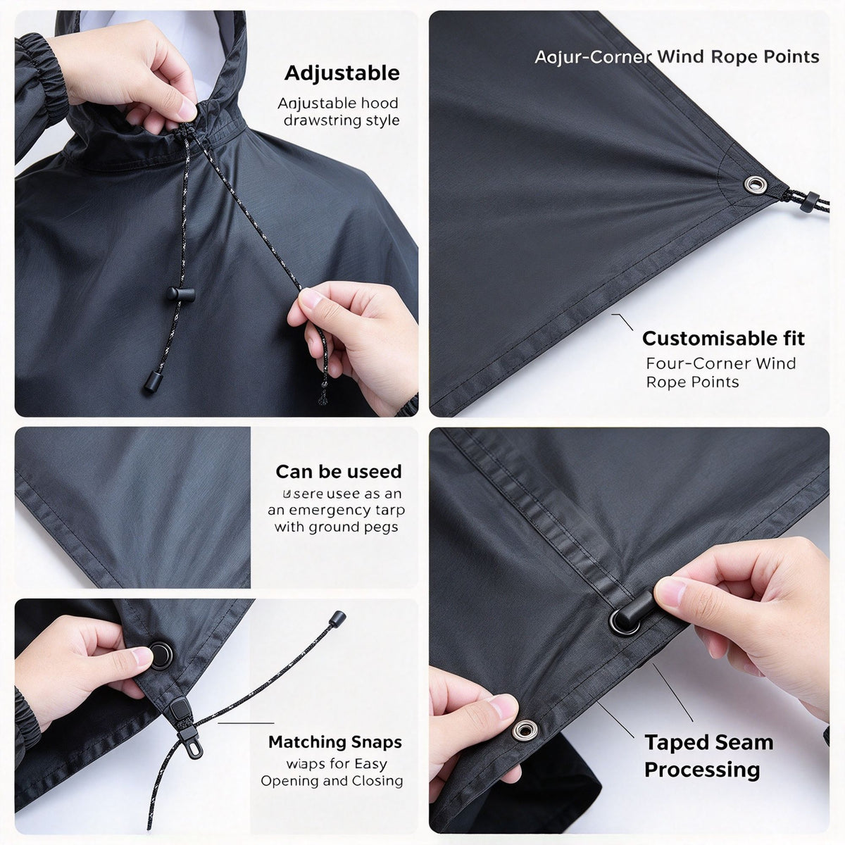 3-in-1 Waterproof Rain Poncho, Ground Sheet & Tarp – Reflective Hiking Poncho, Grey