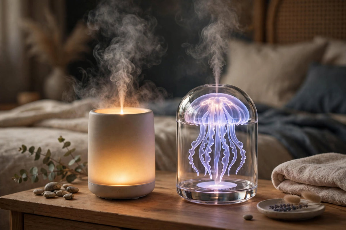 Calming home ambiance with aroma diffusers - candlelight glow humidifier and jellyfish flame effect diffuser creating relaxing mist on bedside table