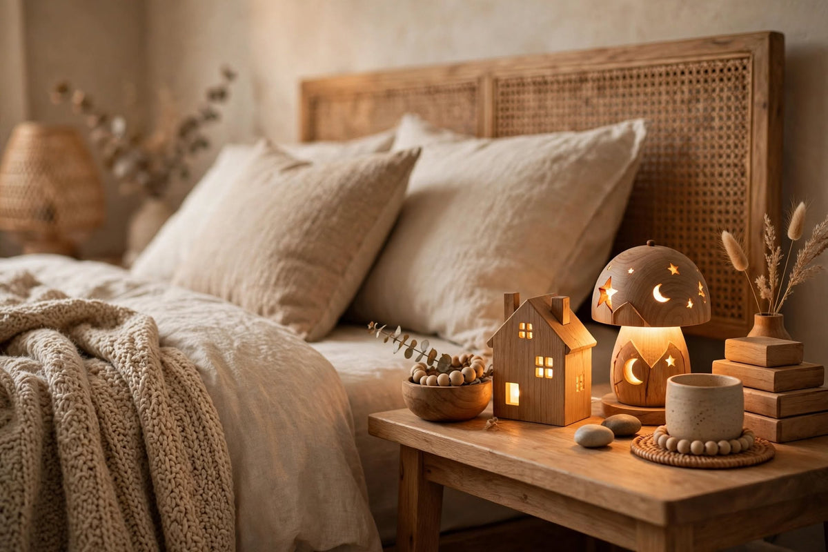 Home decor and lighting collection with handcrafted wooden night lights including mushroom lamp and house-shaped lamp with cozy warm glow for bedrooms and living spaces adding natural aesthetic