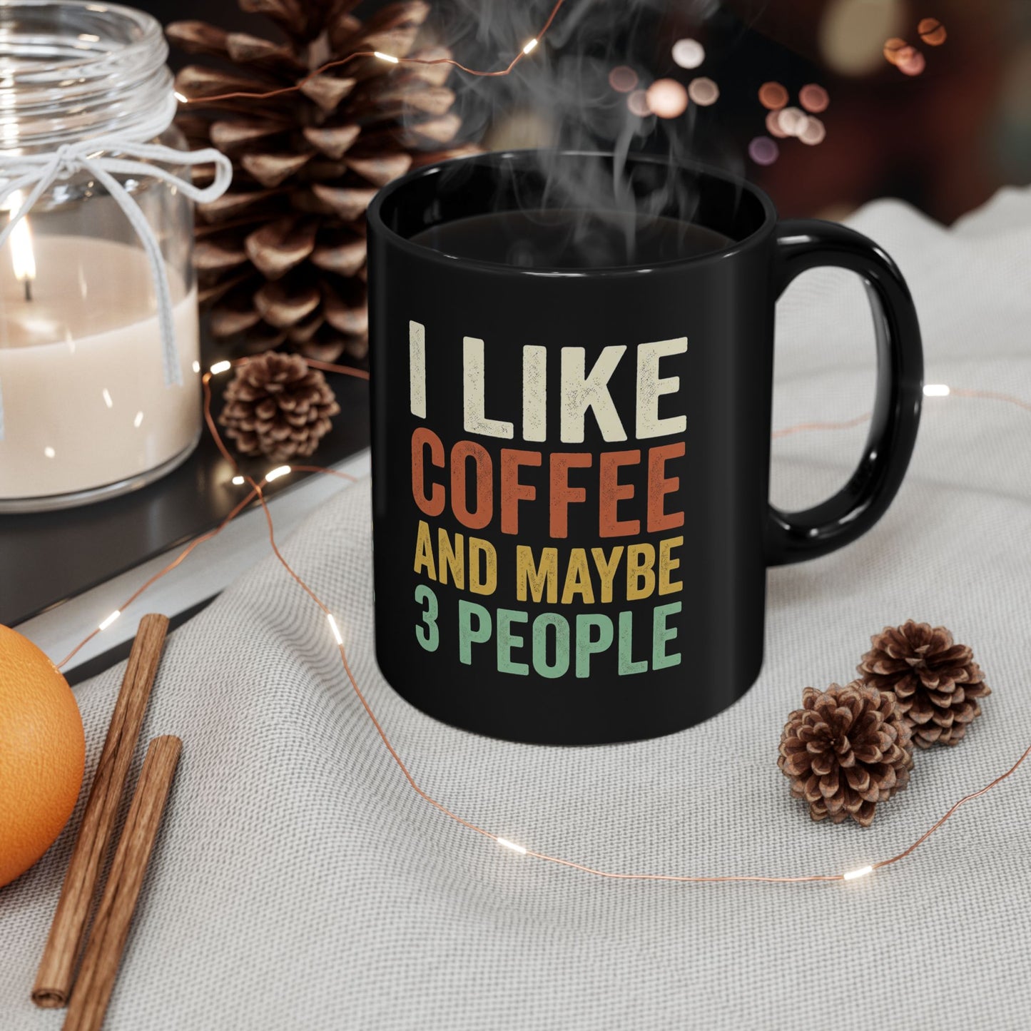 Coffee Mug — "I Like Coffee and Maybe 3 People" Retro Black Ceramic Mug (11oz & 15oz)