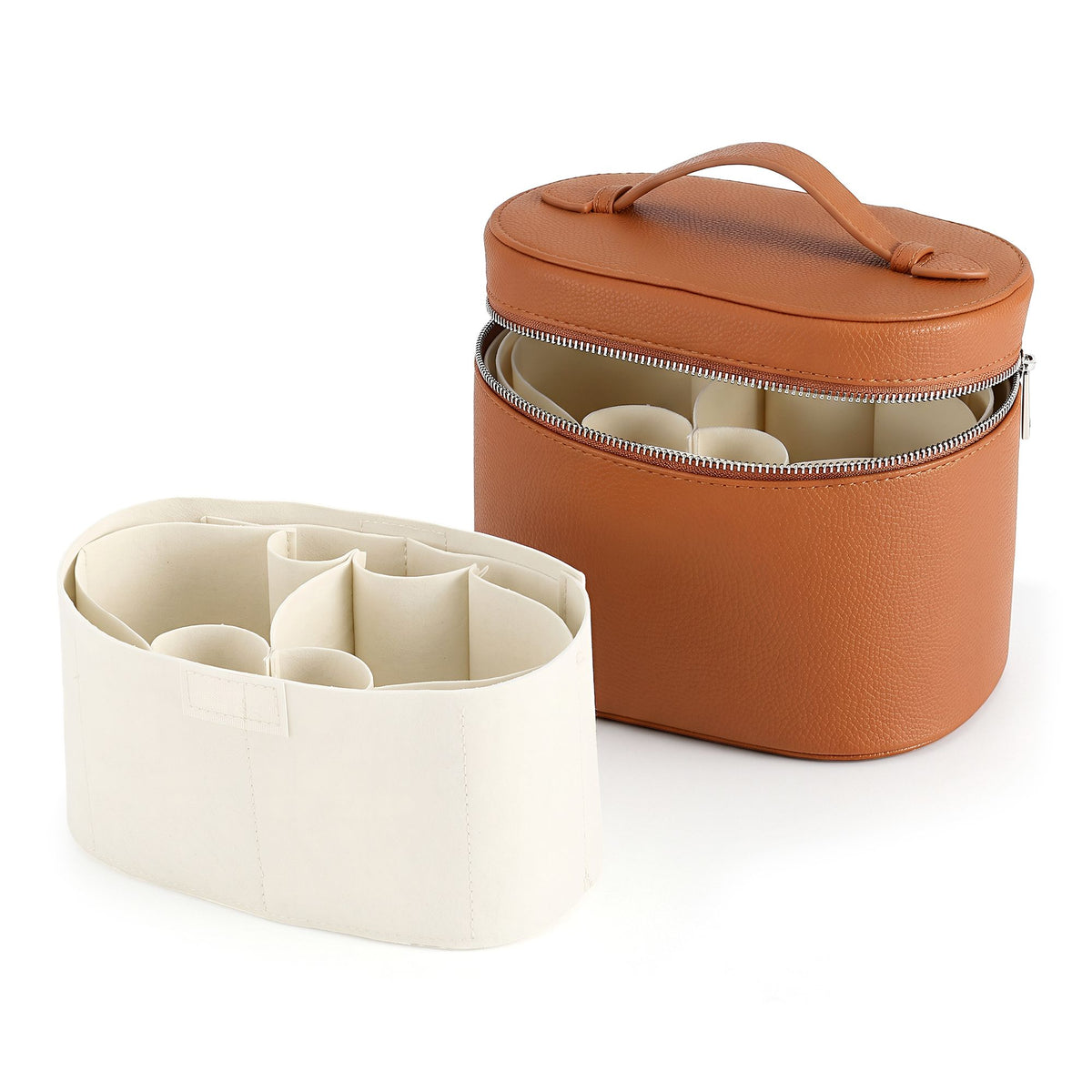 Brown travel makeup case with dividers