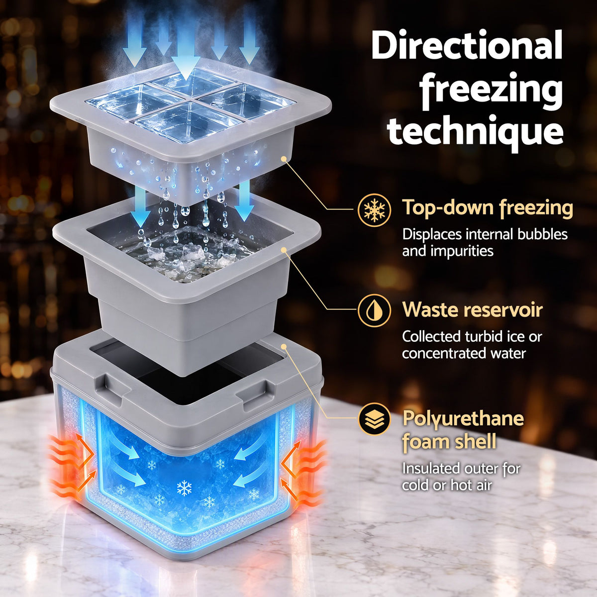 Slow melting clear ice for home bar