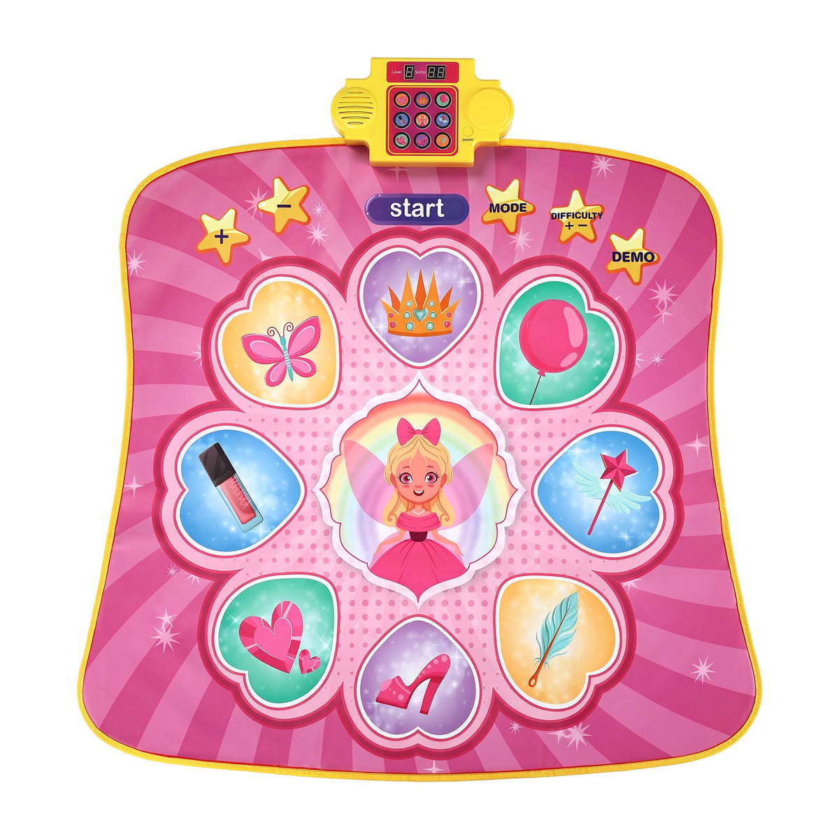 Girl playing on electronic dance game mat