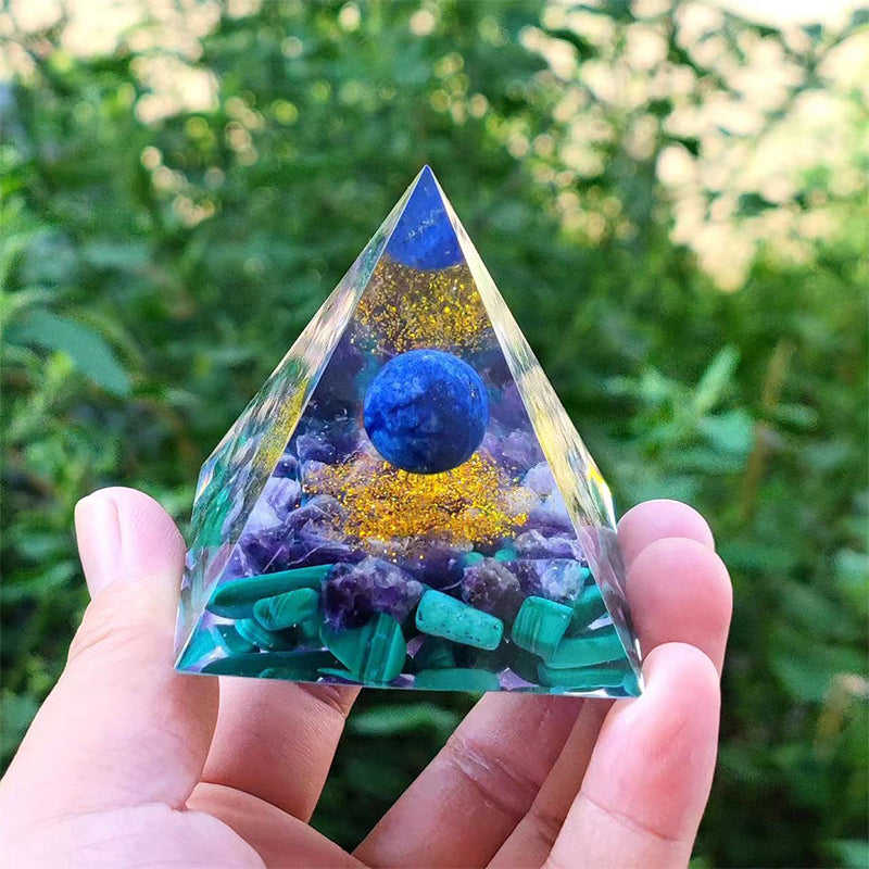 Orgone Crystal Pyramid – Resin Gemstone Chip Pyramid with Crystal Sphere for Meditation & Home Decor
