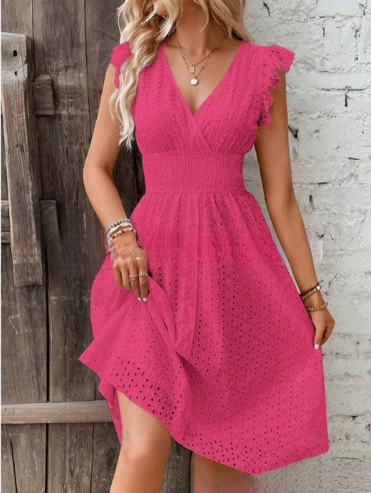 V-Neck Ruffle Sleeve Summer Dress – Cut-Out Waist, Sizes S–2XL