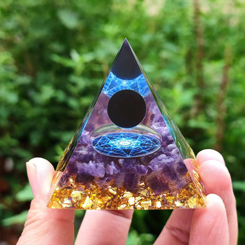 Orgone Crystal Pyramid – Resin Gemstone Chip Pyramid with Crystal Sphere for Meditation & Home Decor