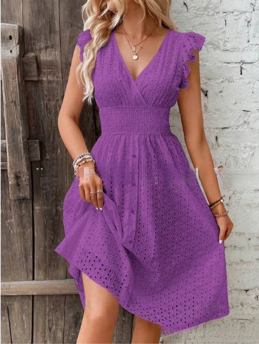 V-Neck Ruffle Sleeve Summer Dress – Cut-Out Waist, Sizes S–2XL