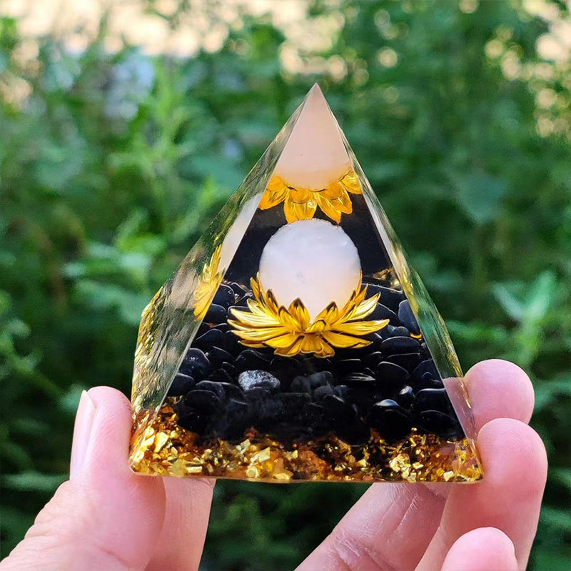 Orgone Crystal Pyramid – Resin Gemstone Chip Pyramid with Crystal Sphere for Meditation & Home Decor