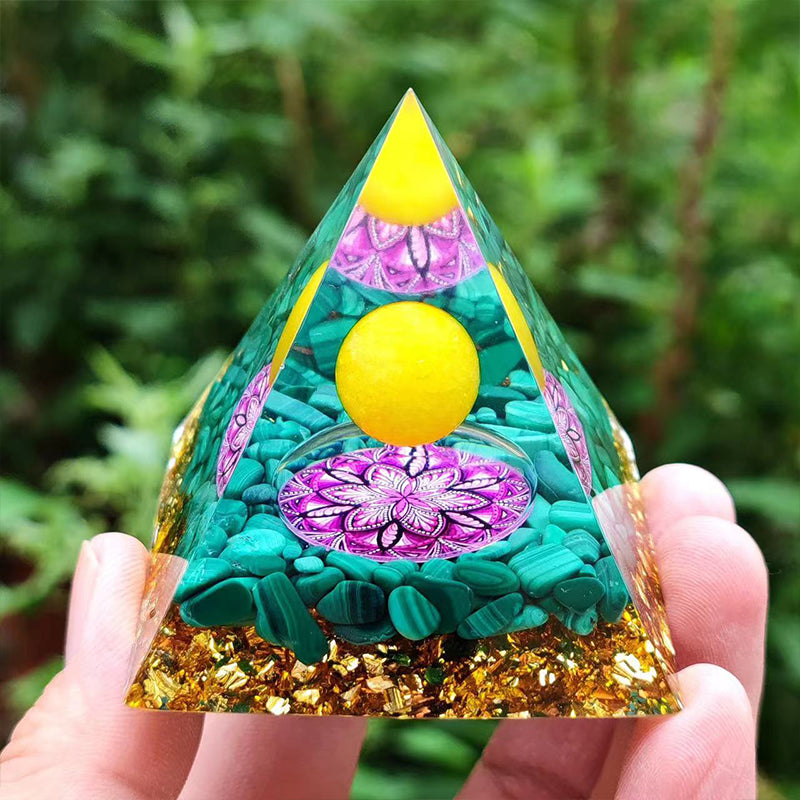 Orgone Crystal Pyramid – Resin Gemstone Chip Pyramid with Crystal Sphere for Meditation & Home Decor