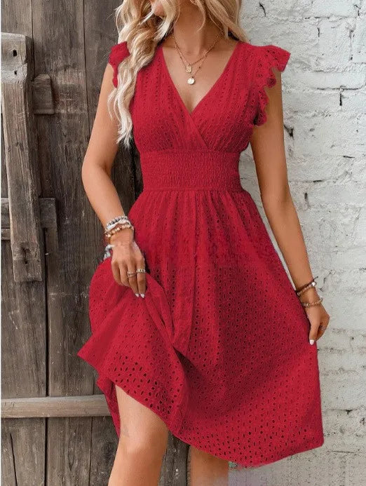 V-Neck Ruffle Sleeve Summer Dress – Cut-Out Waist, Sizes S–2XL