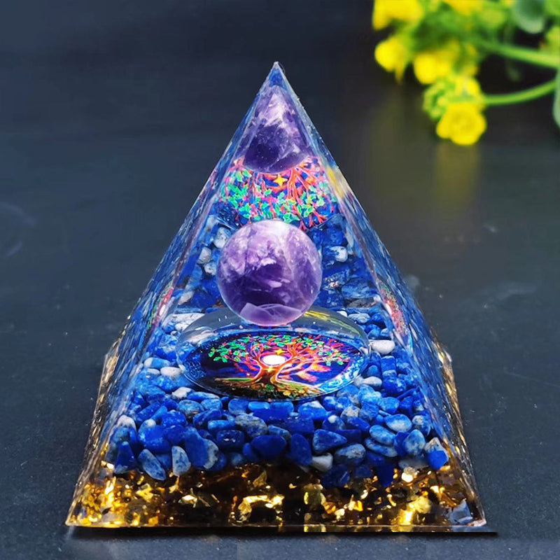 Orgone Crystal Pyramid – Resin Gemstone Chip Pyramid with Crystal Sphere for Meditation & Home Decor
