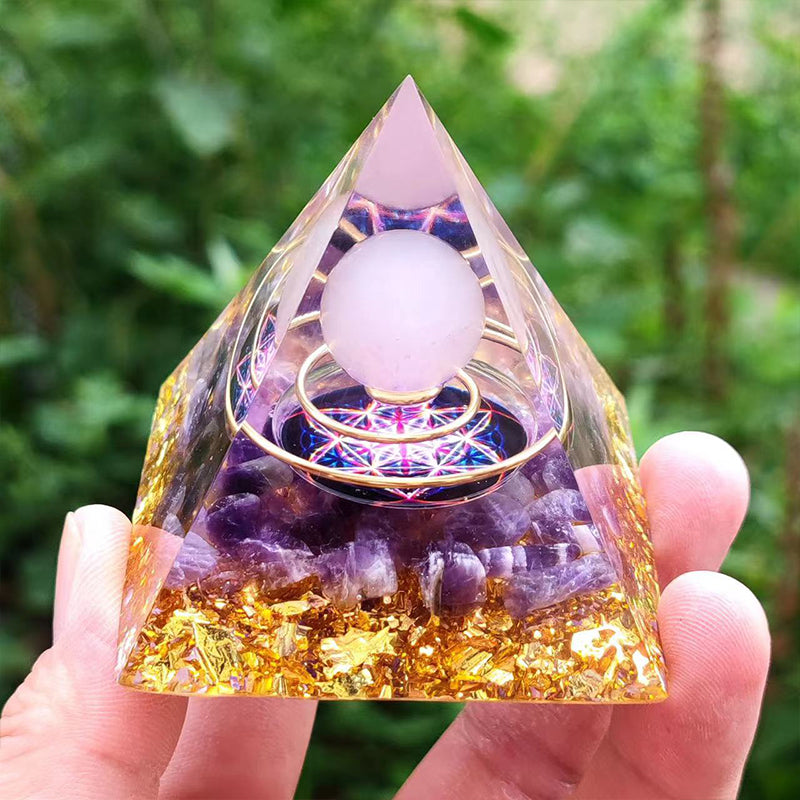 Orgone Crystal Pyramid – Resin Gemstone Chip Pyramid with Crystal Sphere for Meditation & Home Decor