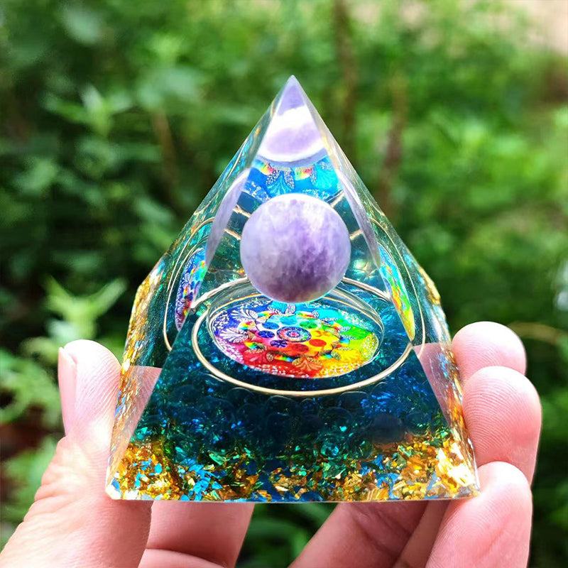 Orgone Crystal Pyramid – Resin Gemstone Chip Pyramid with Crystal Sphere for Meditation & Home Decor