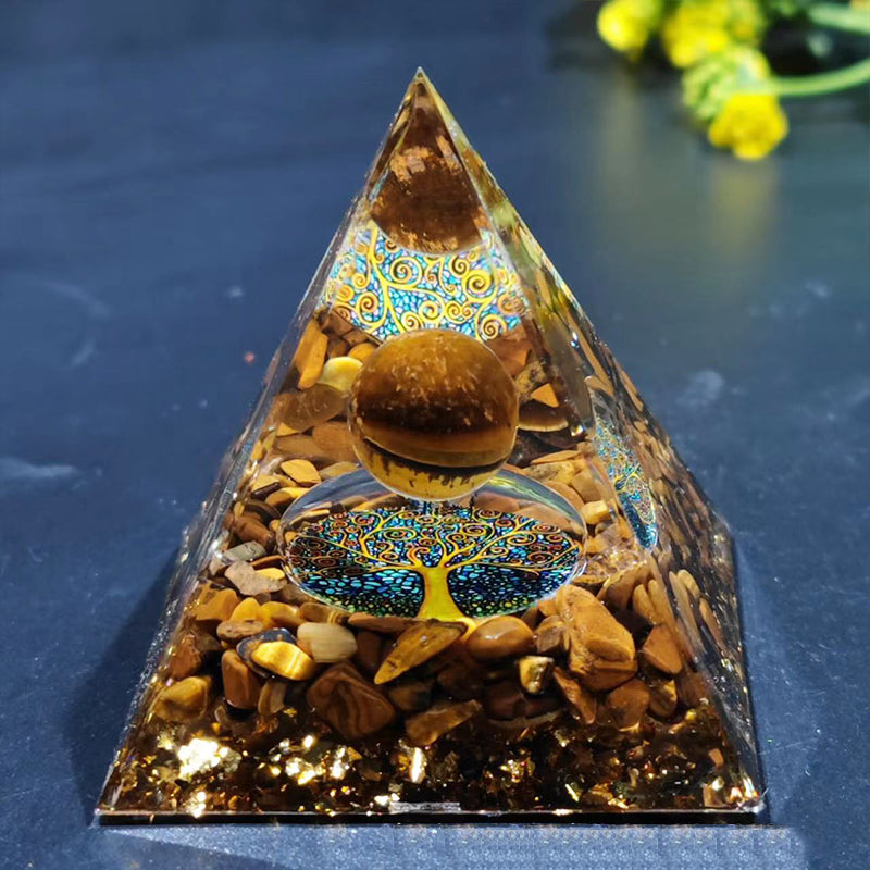 Orgone Crystal Pyramid – Resin Gemstone Chip Pyramid with Crystal Sphere for Meditation & Home Decor