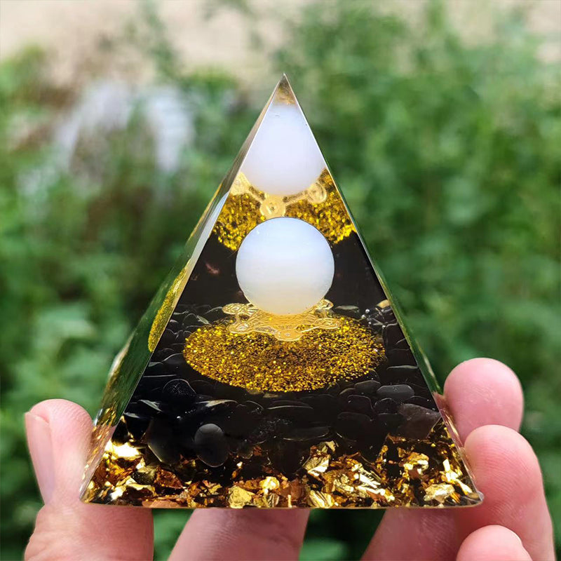 Orgone Crystal Pyramid – Resin Gemstone Chip Pyramid with Crystal Sphere for Meditation & Home Decor