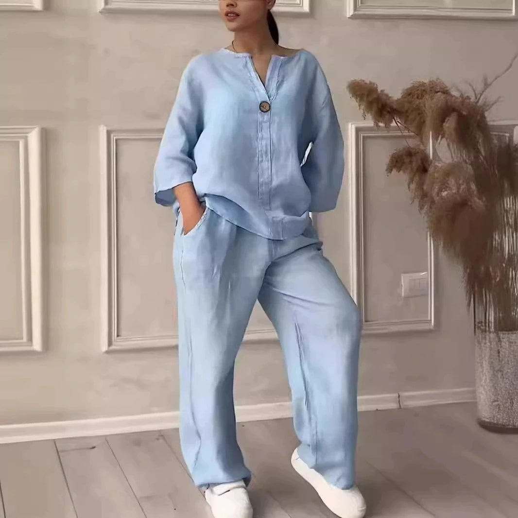 Women's Cotton 2-Piece Lounge Set – V-Neck Button Shirt & Elastic Waist Pants, Plus Sizes