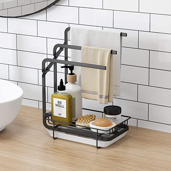Black kitchen sink organiser caddy with towel bar