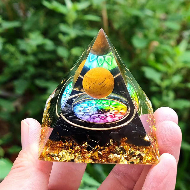Orgone Crystal Pyramid – Resin Gemstone Chip Pyramid with Crystal Sphere for Meditation & Home Decor