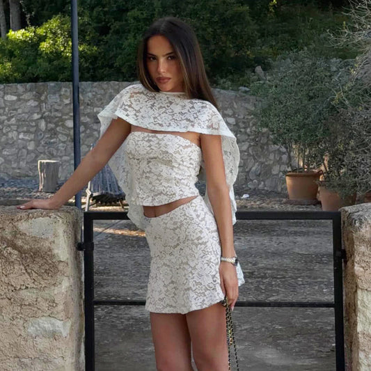 Lace 3-piece set with cape and mini skirt