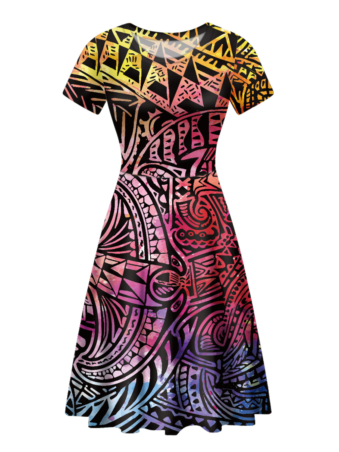 Polynesian Tribal Print Dress – Women's Short Sleeve Island-Style Casual Summer Dress, M–4XL
