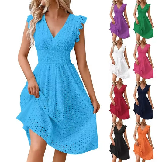 V-neck ruffle sleeve summer dress with cut-out waist