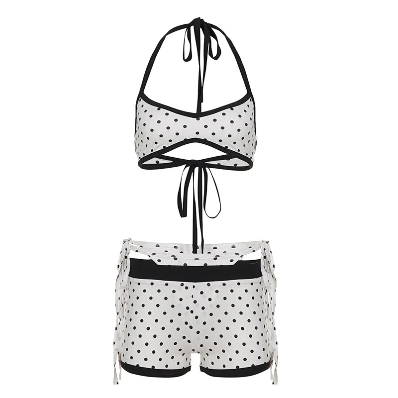 Y2K 3-Piece Bikini Set – Halter V-Neck Bikini with Tie-Side Cover-Up Shorts