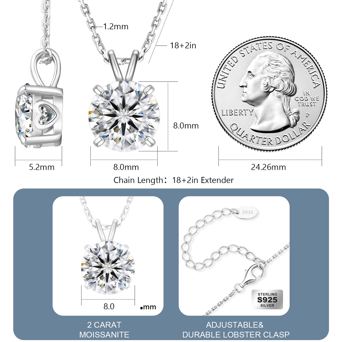 Moissanite Solitaire Heart Pendant Necklace – 925 Sterling Silver, 14K Gold Plated