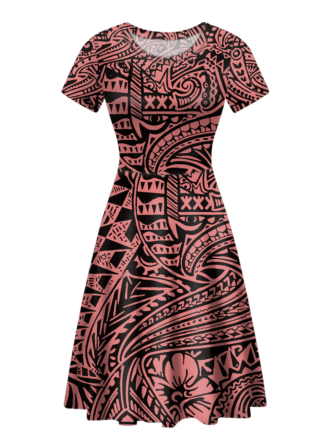 Polynesian Tribal Print Dress – Women's Short Sleeve Island-Style Casual Summer Dress, M–4XL