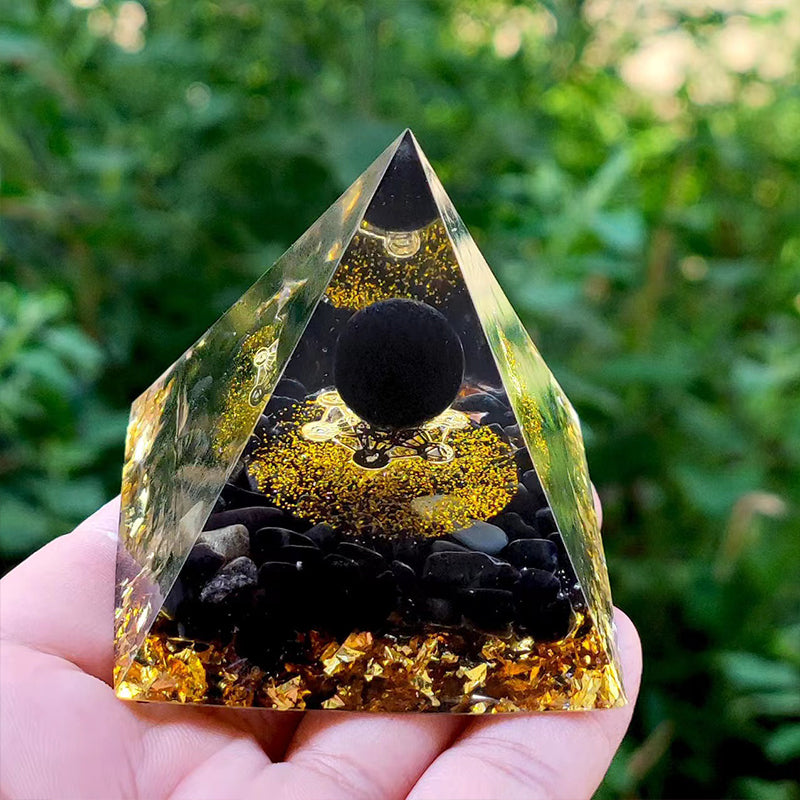 Orgone Crystal Pyramid – Resin Gemstone Chip Pyramid with Crystal Sphere for Meditation & Home Decor