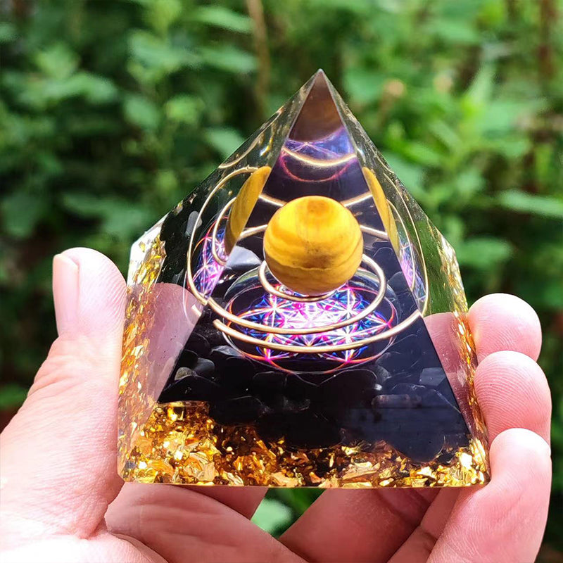 Orgone Crystal Pyramid – Resin Gemstone Chip Pyramid with Crystal Sphere for Meditation & Home Decor