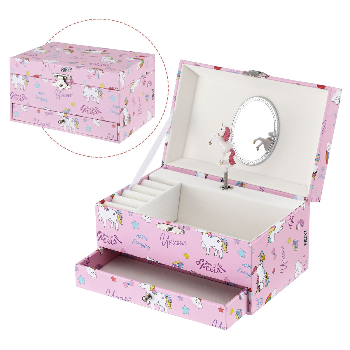 Kids music box with twirling figure and mirror