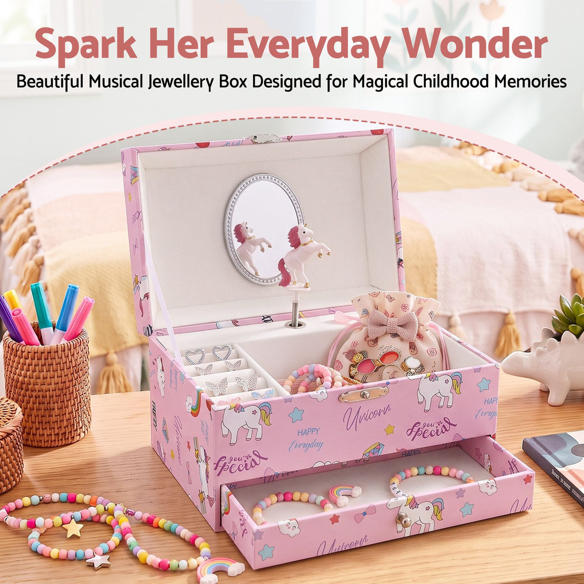 Children's jewellery box with built-in mirror