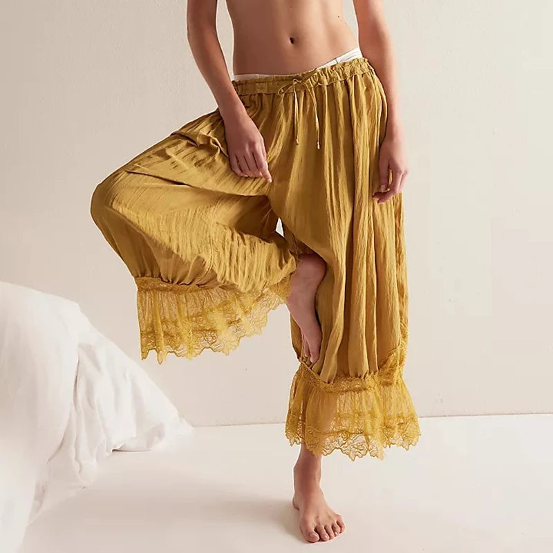 Y2K Lace Bloomer Pants – High-Waist Drawstring Cropped Lantern Trousers with Floral Lace Trim