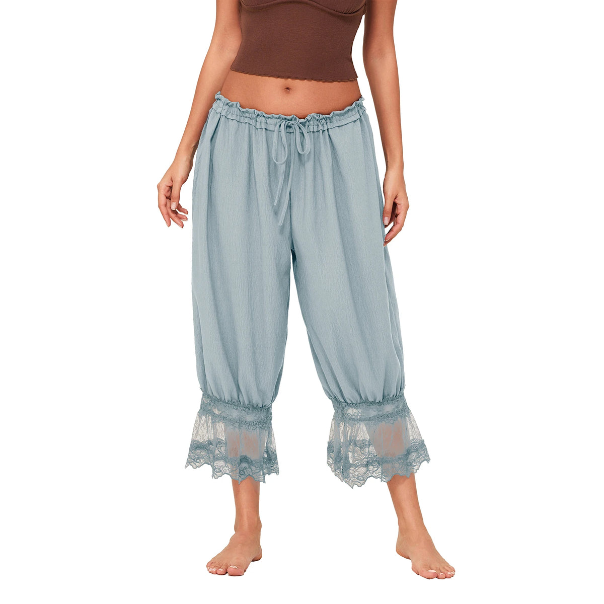 Y2K Lace Bloomer Pants – High-Waist Drawstring Cropped Lantern Trousers with Floral Lace Trim