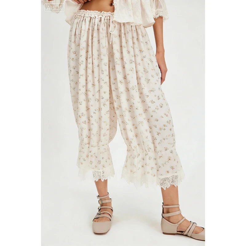 Y2K Lace Bloomer Pants – High-Waist Drawstring Cropped Lantern Trousers with Floral Lace Trim