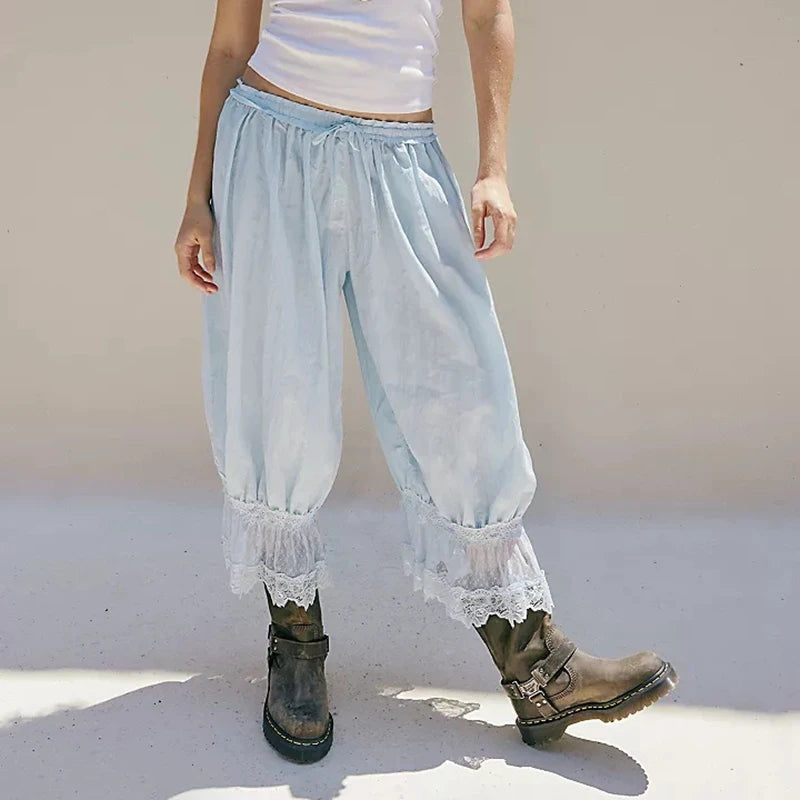 Y2K Lace Bloomer Pants – High-Waist Drawstring Cropped Lantern Trousers with Floral Lace Trim