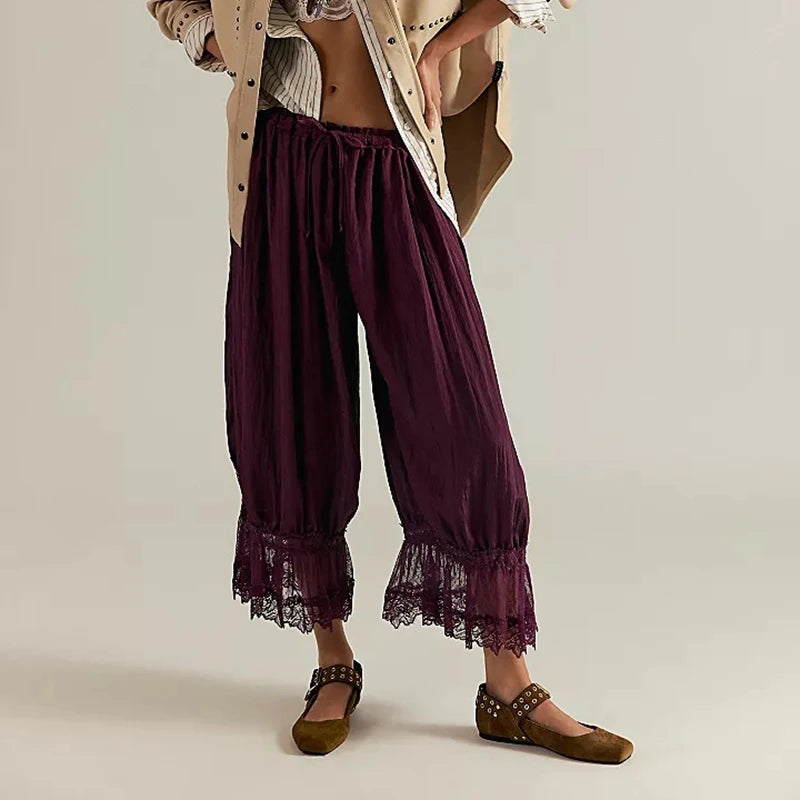 Y2K Lace Bloomer Pants – High-Waist Drawstring Cropped Lantern Trousers with Floral Lace Trim