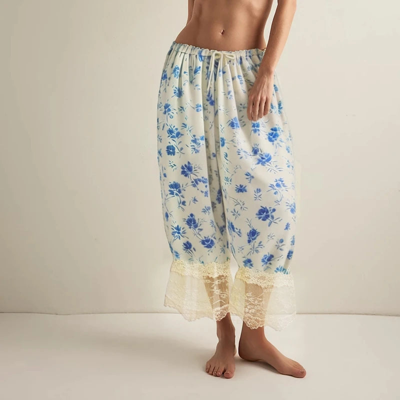 Y2K Lace Bloomer Pants – High-Waist Drawstring Cropped Lantern Trousers with Floral Lace Trim