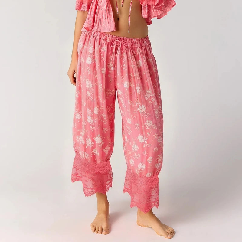 Y2K Lace Bloomer Pants – High-Waist Drawstring Cropped Lantern Trousers with Floral Lace Trim