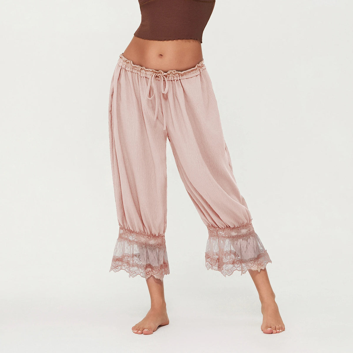 Y2K Lace Bloomer Pants – High-Waist Drawstring Cropped Lantern Trousers with Floral Lace Trim