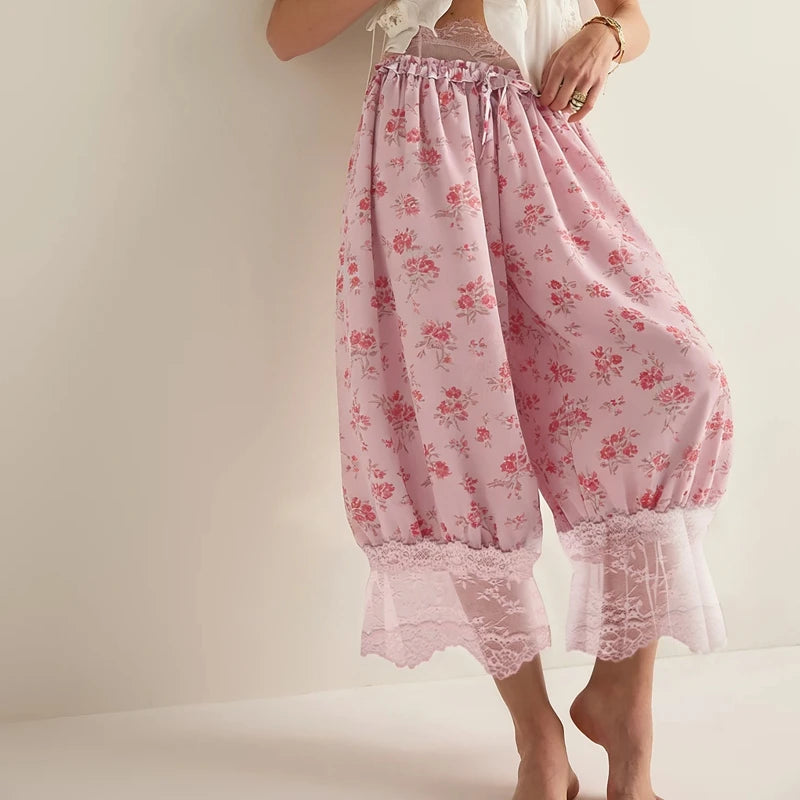 Y2K Lace Bloomer Pants – High-Waist Drawstring Cropped Lantern Trousers with Floral Lace Trim