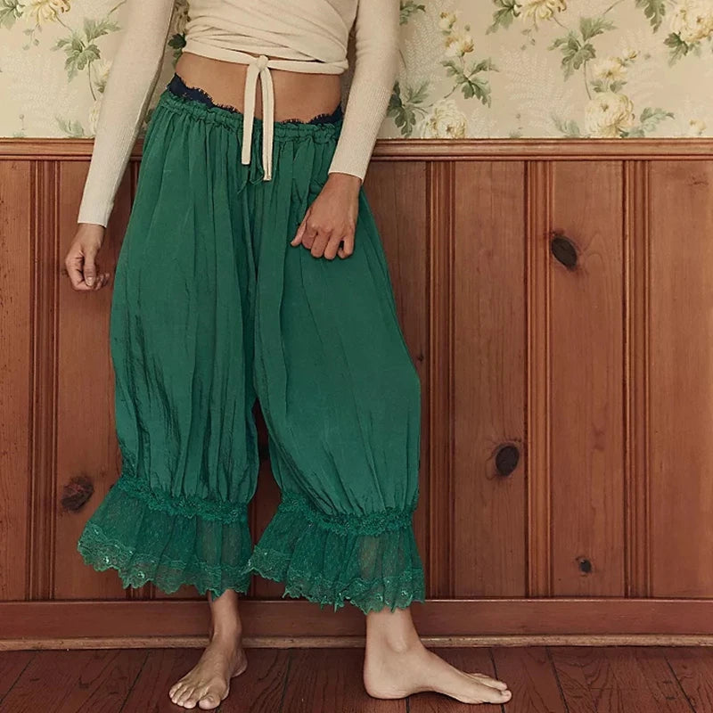 Y2K Lace Bloomer Pants – High-Waist Drawstring Cropped Lantern Trousers with Floral Lace Trim