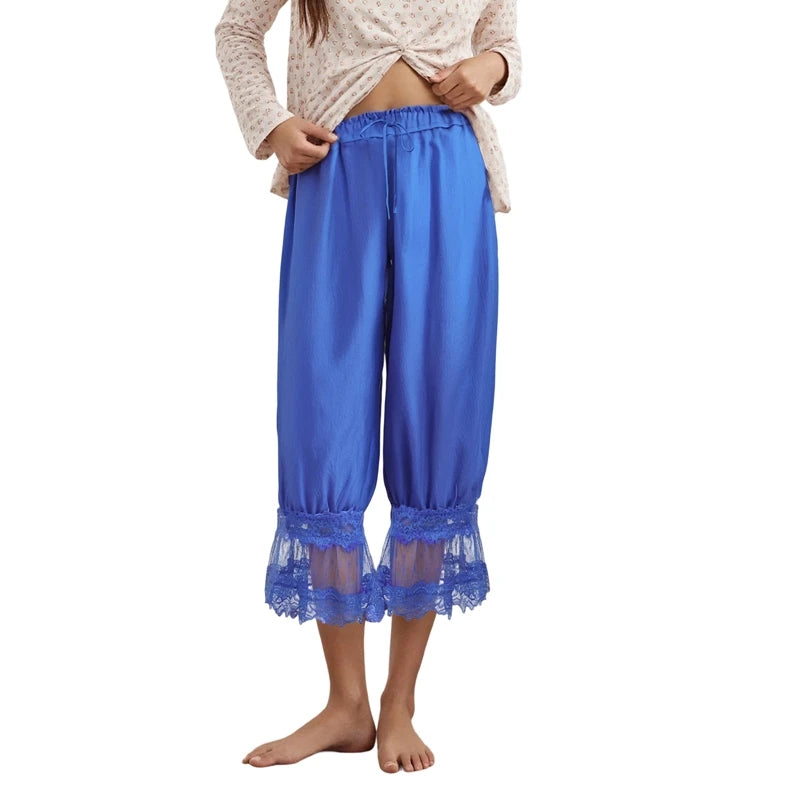 Y2K Lace Bloomer Pants – High-Waist Drawstring Cropped Lantern Trousers with Floral Lace Trim