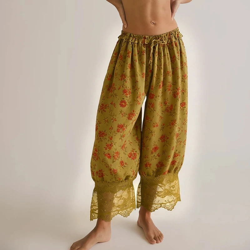Y2K Lace Bloomer Pants – High-Waist Drawstring Cropped Lantern Trousers with Floral Lace Trim