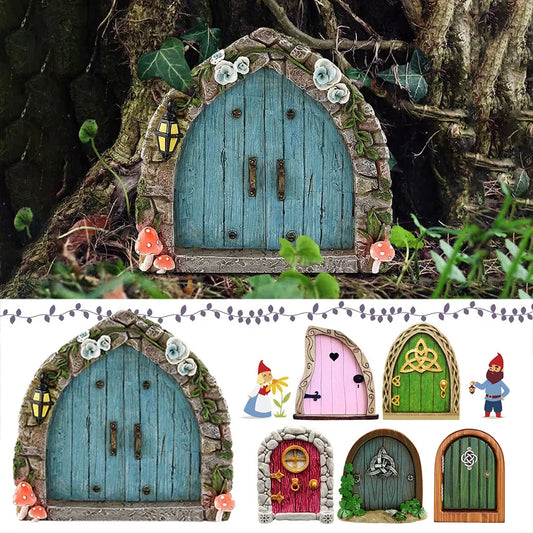 Miniature fairy garden door on tree