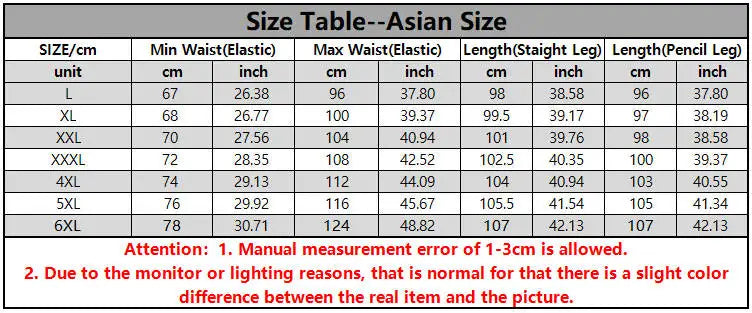 Men's thermal pants size chart