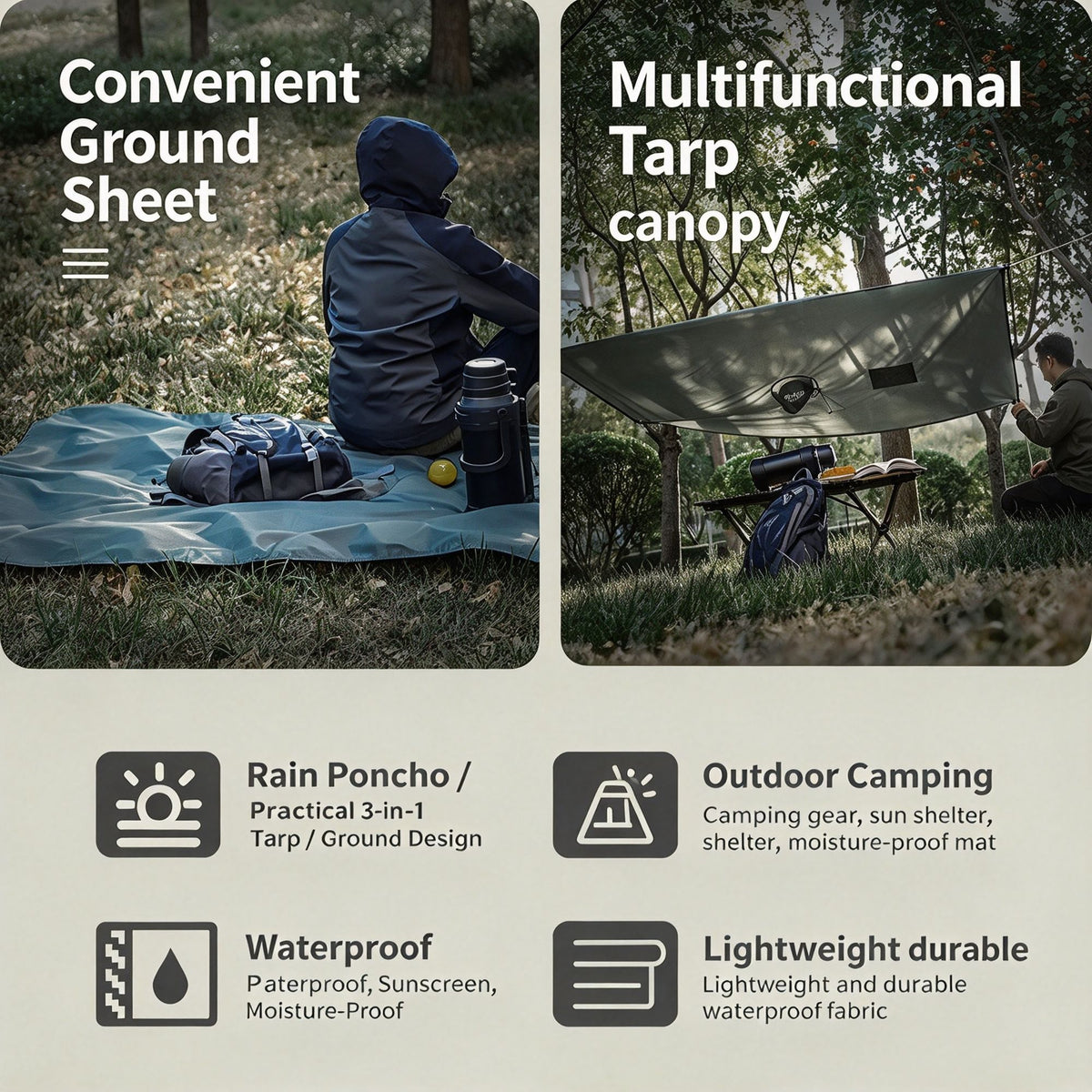 3-in-1 Waterproof Rain Poncho, Ground Sheet & Tarp – view 3
